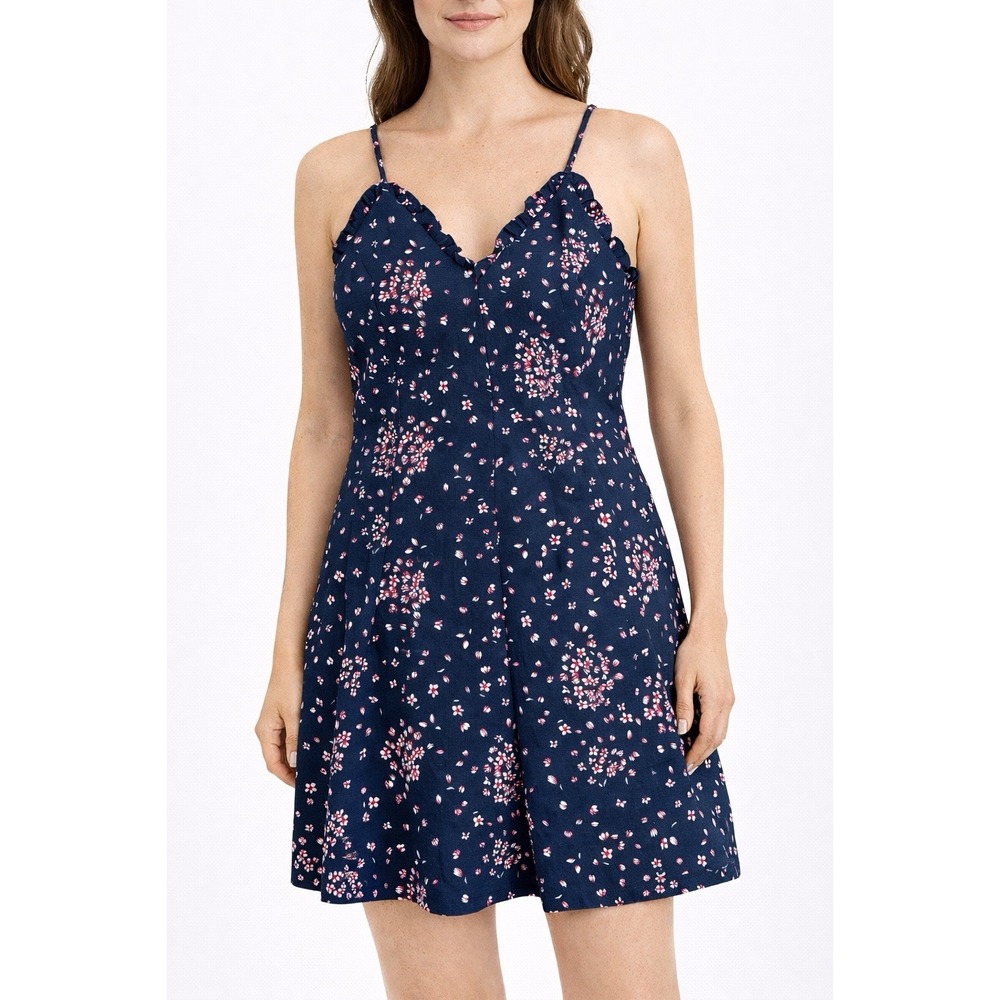 LOFT Dress Women's 2 Navy Floral Print Ruffle Sleeveless Spaghetti Strap Skater